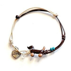 Dachshund Bracelet Dog Ceramic beaded Blue Teal Cord Adjustable